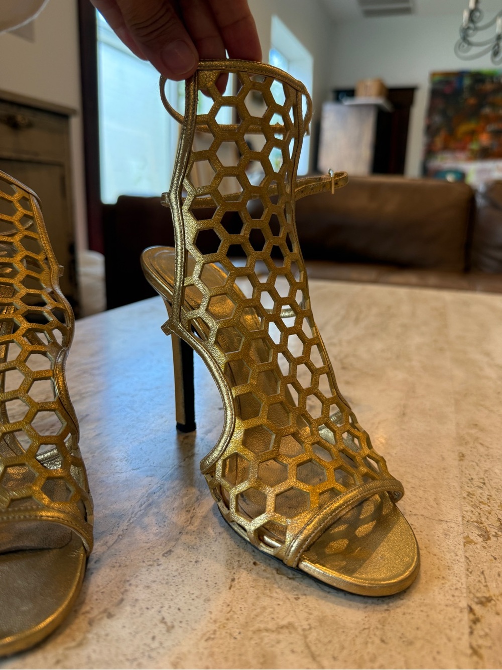 Tamra Mellon Gold Hex Cutout cage High Heel Sandals - Women
